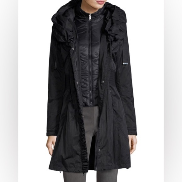 T Tahari Hooded Ribbed-Trim A-Line Jacket, Navy - Picture 2 of 14